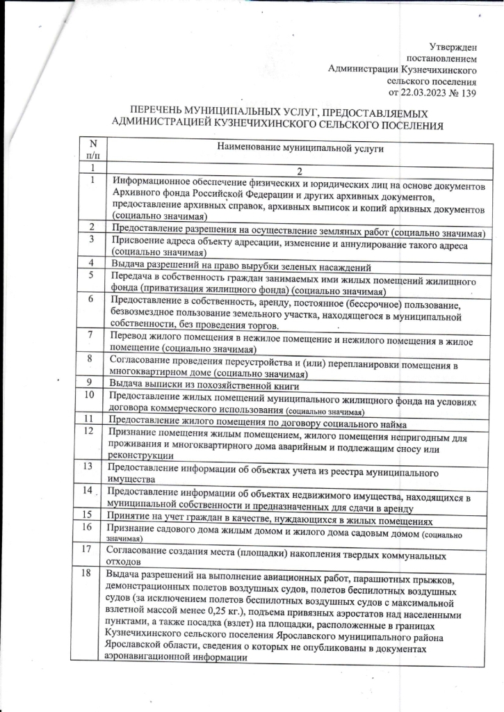 Об утверждении муниципальных услуг, предоставляемых (оказываемых) Администрацией Кузнечихинского сельского поселения ЯМР ЯО